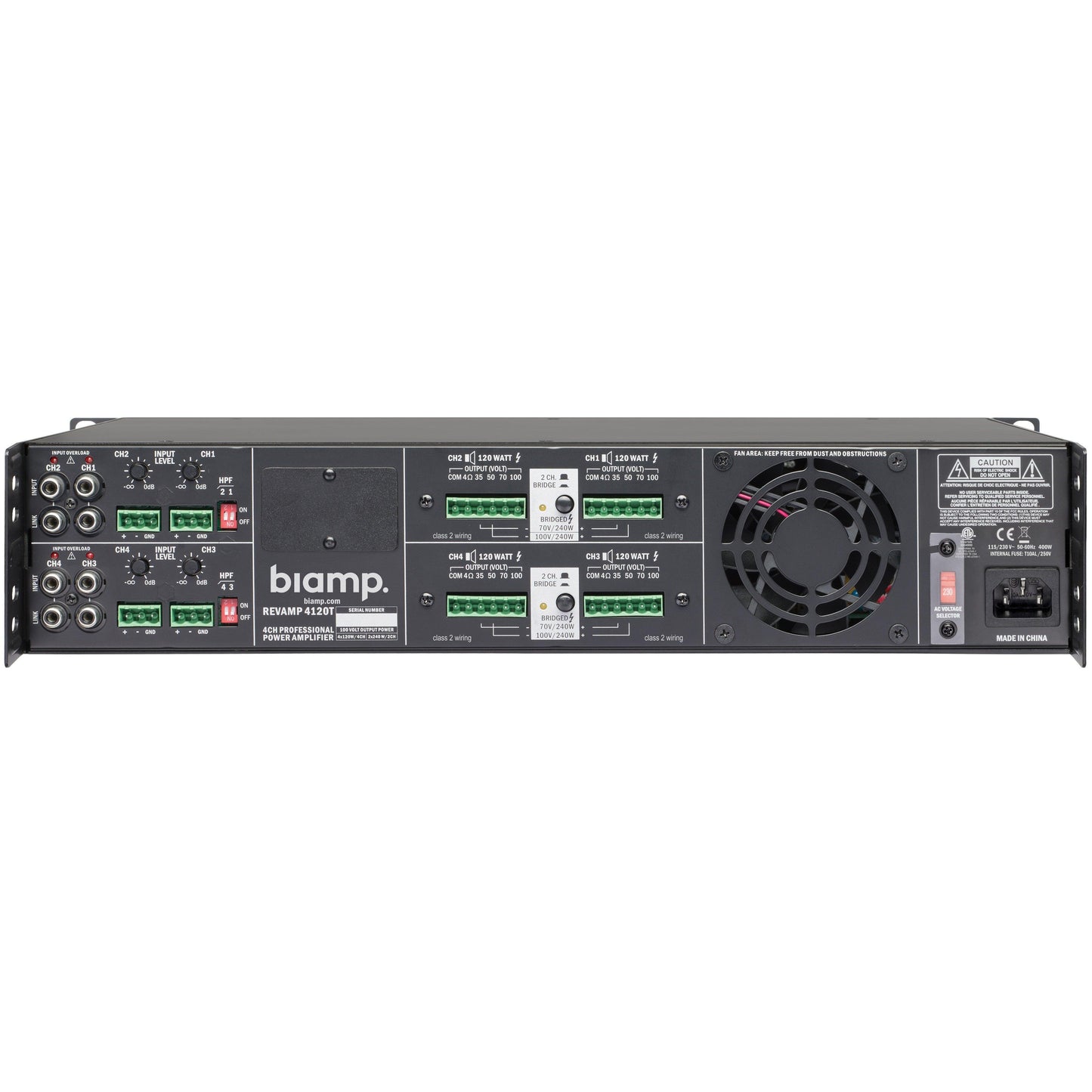 Biamp REVAMP4120T 4-channel 100V bridgeable digital power amplifier, 4 x 120W