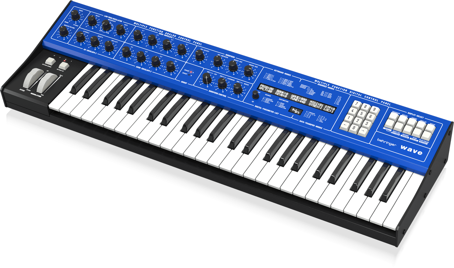 Behringer WAVE Legendary 8-Voice Multi-Timbral Hybrid Synthesizer with Wavetable Generators and Analog VCF and VCA, LFO, 3 Envelopes, Arpeggiator and Sequencer