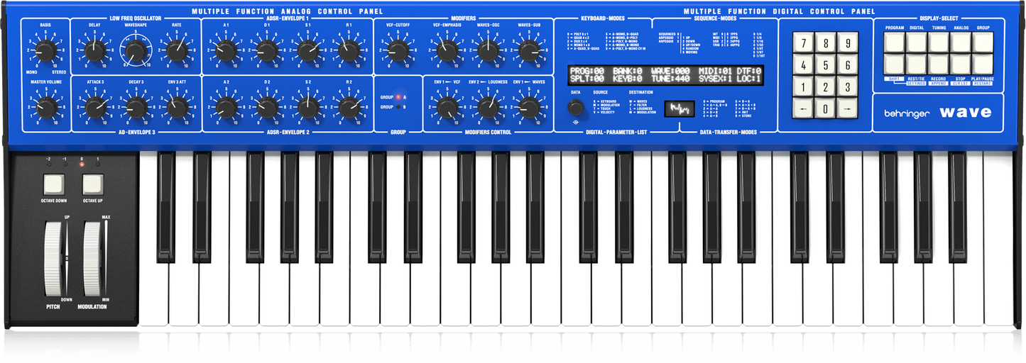 Behringer WAVE Legendary 8-Voice Multi-Timbral Hybrid Synthesizer with Wavetable Generators and Analog VCF and VCA, LFO, 3 Envelopes, Arpeggiator and Sequencer
