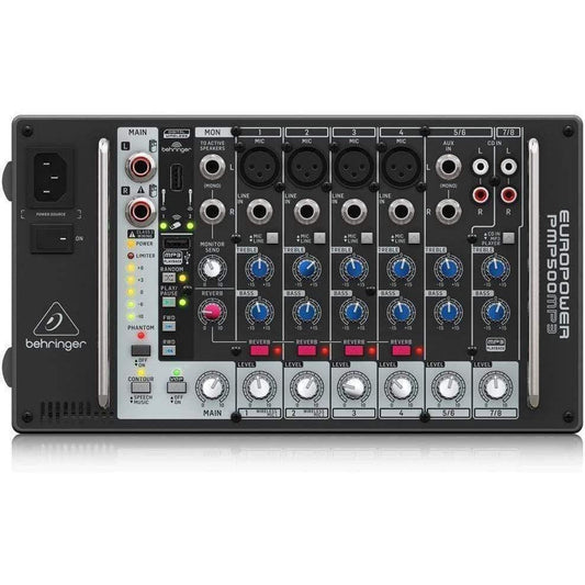 Behringer PMP500MP3 Ultra-Compact 500-Watt 8-Channel Powered Mixer with MP3 Player, Re